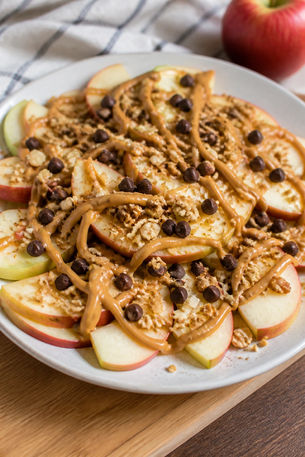 Apple nachos with peanut butter drizzle on a plate