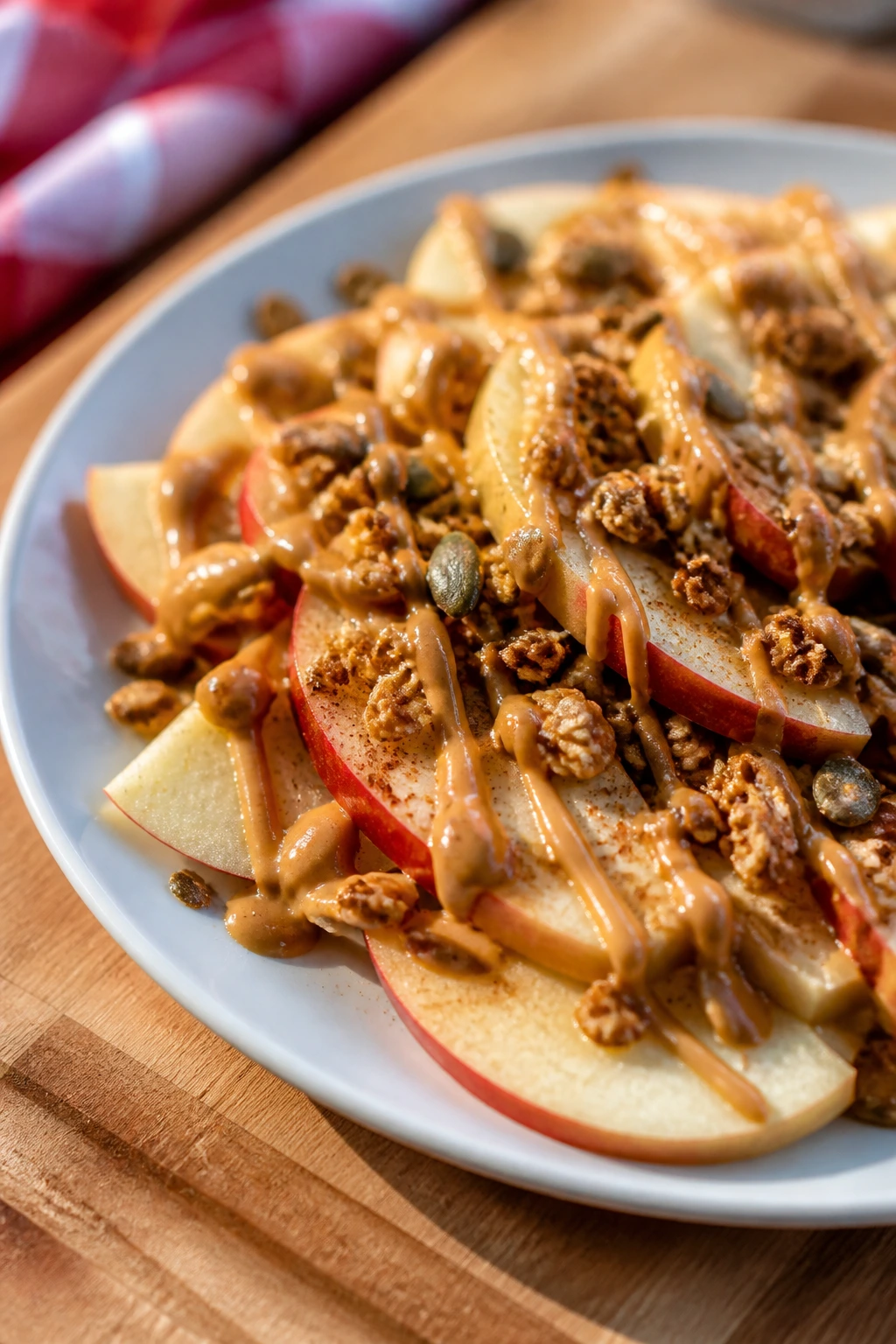 Apple nachos on a wooden board with peanut butter drizzle