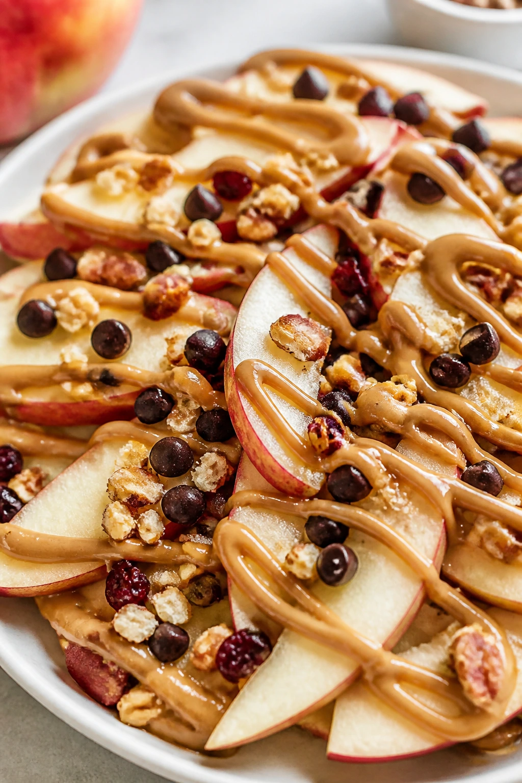 Apple nachos with drizzle of peanut butter on a plate.