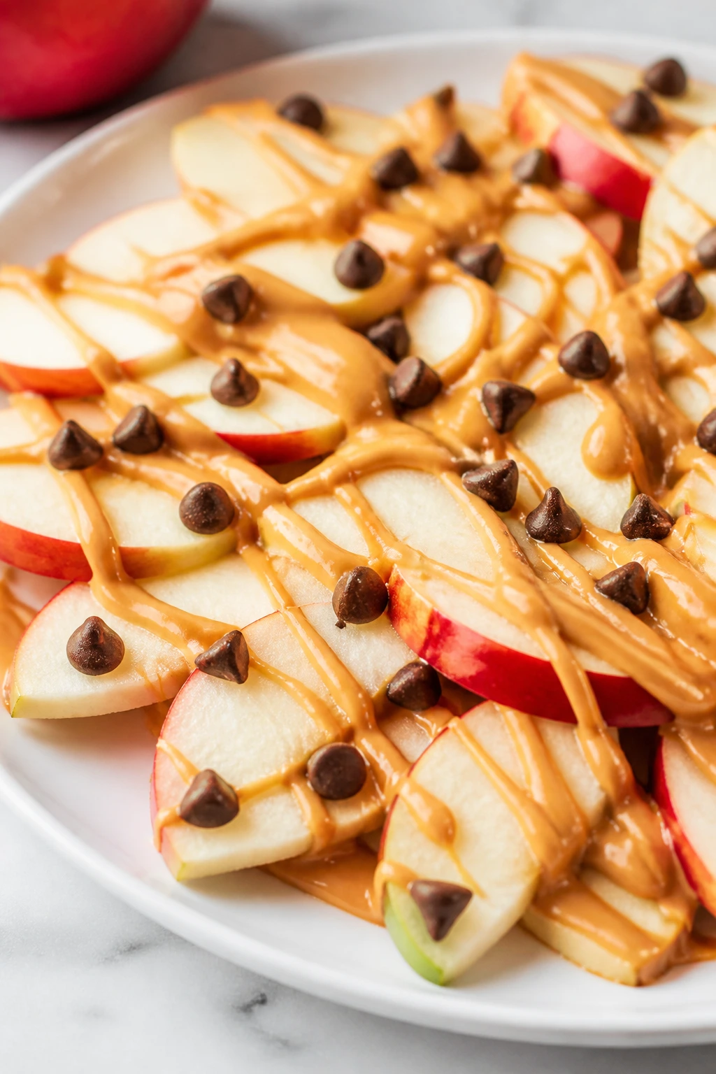 Apple nachos with peanut butter drizzle and chocolate chips