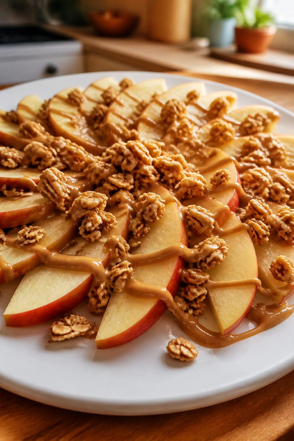 Close-up of apple nachos with peanut butter and granola on a plate