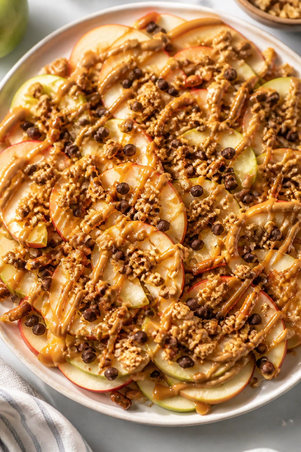 Overhead platter of apple nachos with toppings on a kitchen counter