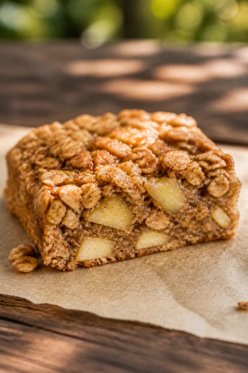 Cross-section of an apple cinnamon oat bar on a picnic table