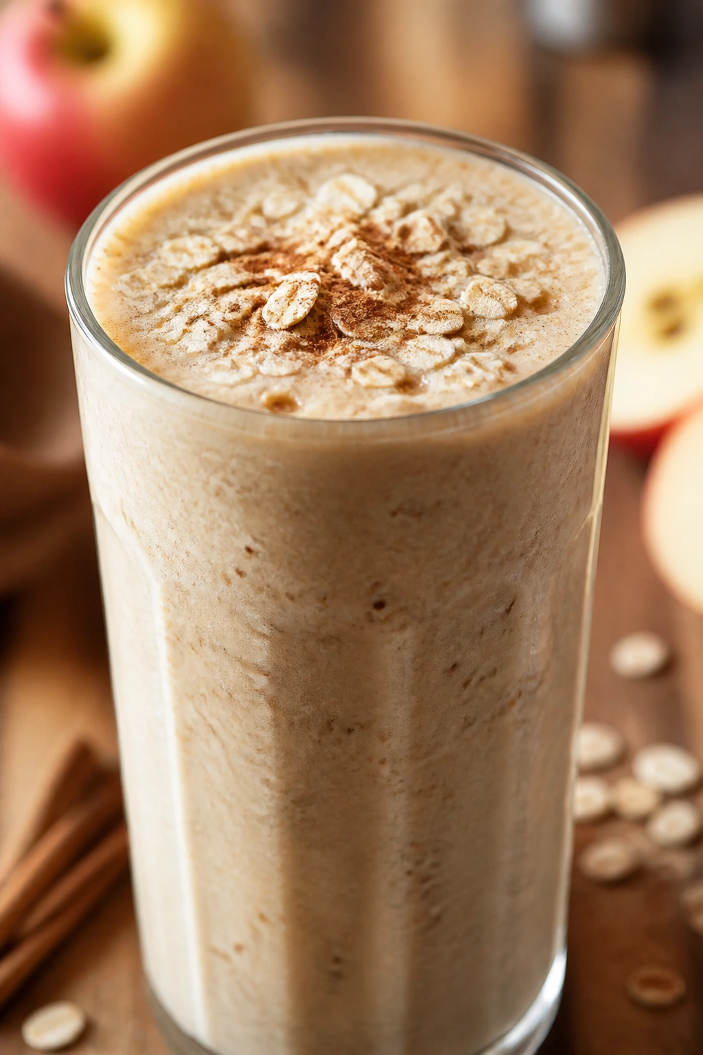 Close-up of Apple Pie Oat Smoothie in a glass with oats and cinnamon on top on a warm kitchen counter.