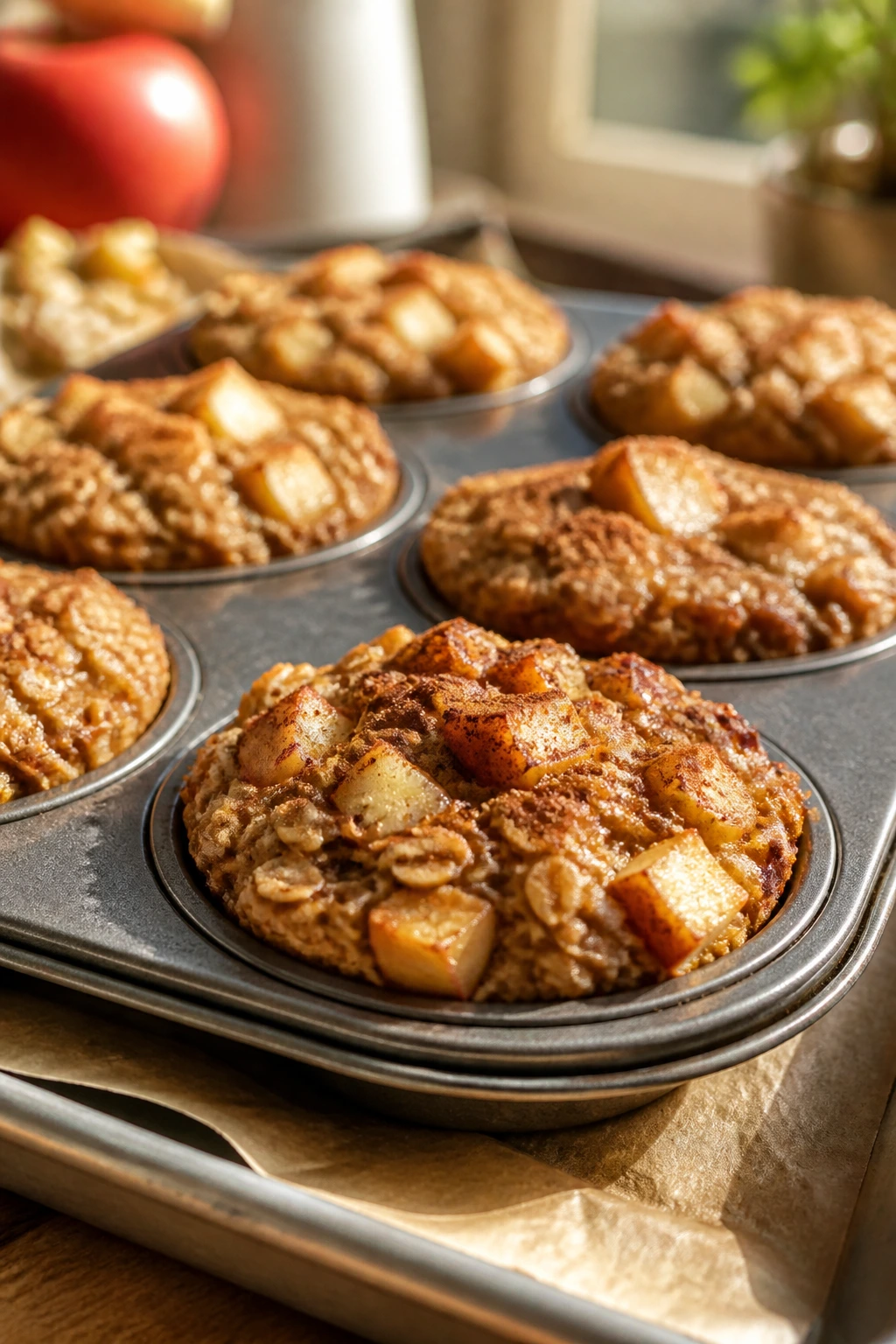 Golden baked oatmeal cups with apple pieces