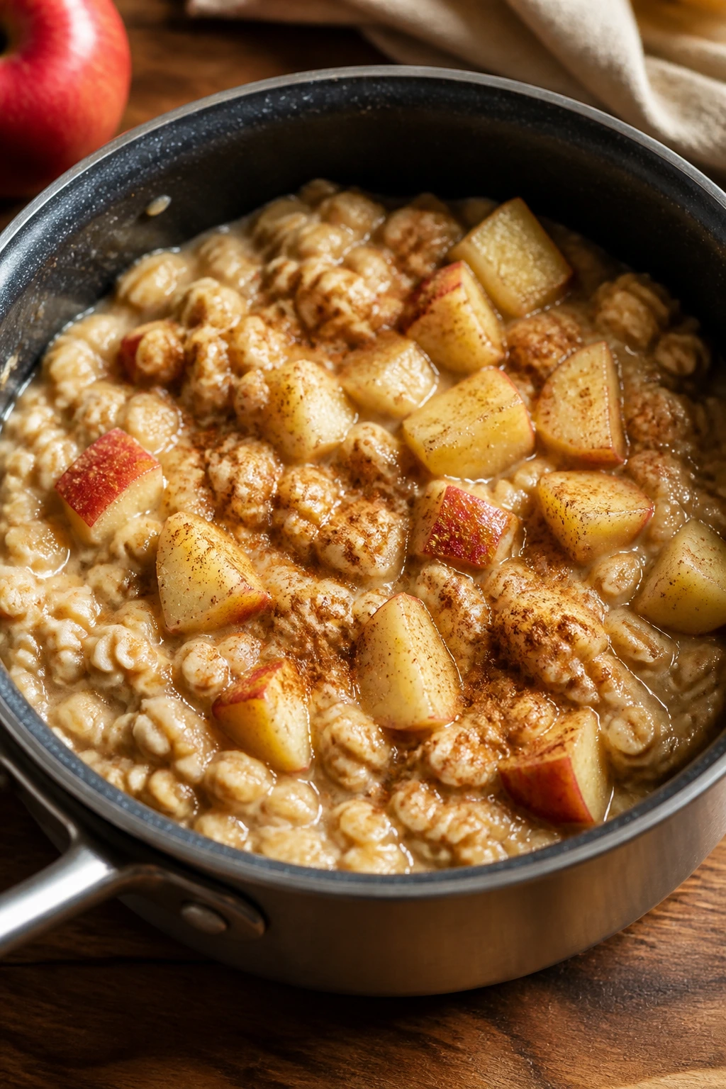 Close-up of apple cinnamon oatmeal pot in a cozy kitchen