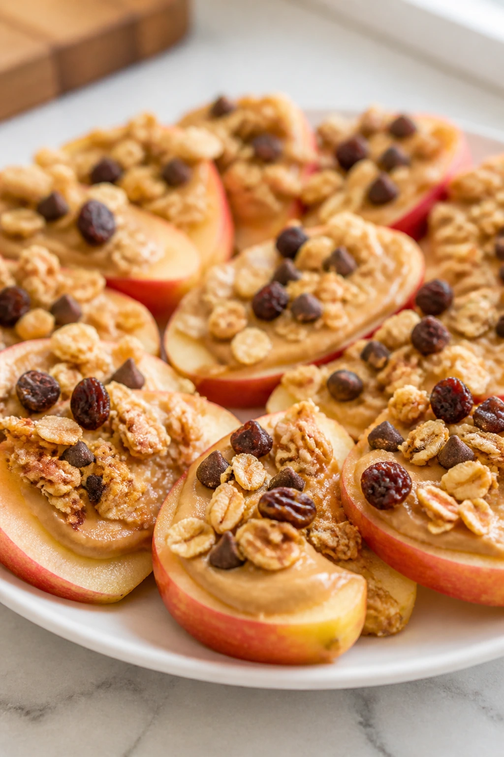 Apple slices with peanut butter and granola toppings on a plate