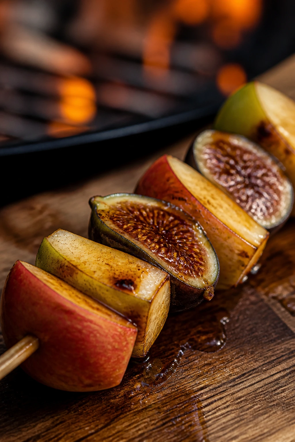 Close-up of apple, pear, and fig skewers with maple glaze
