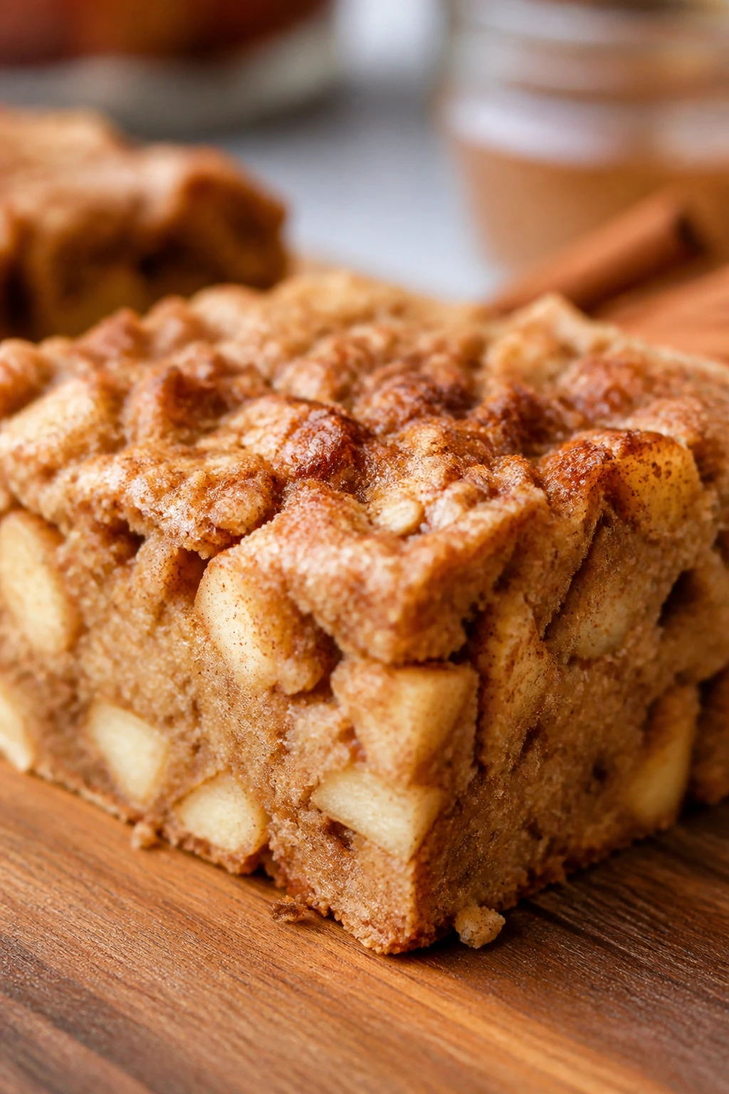 Close-up of an Apple Pie Cinnamon Bar slice on a wooden board with visible apple pieces