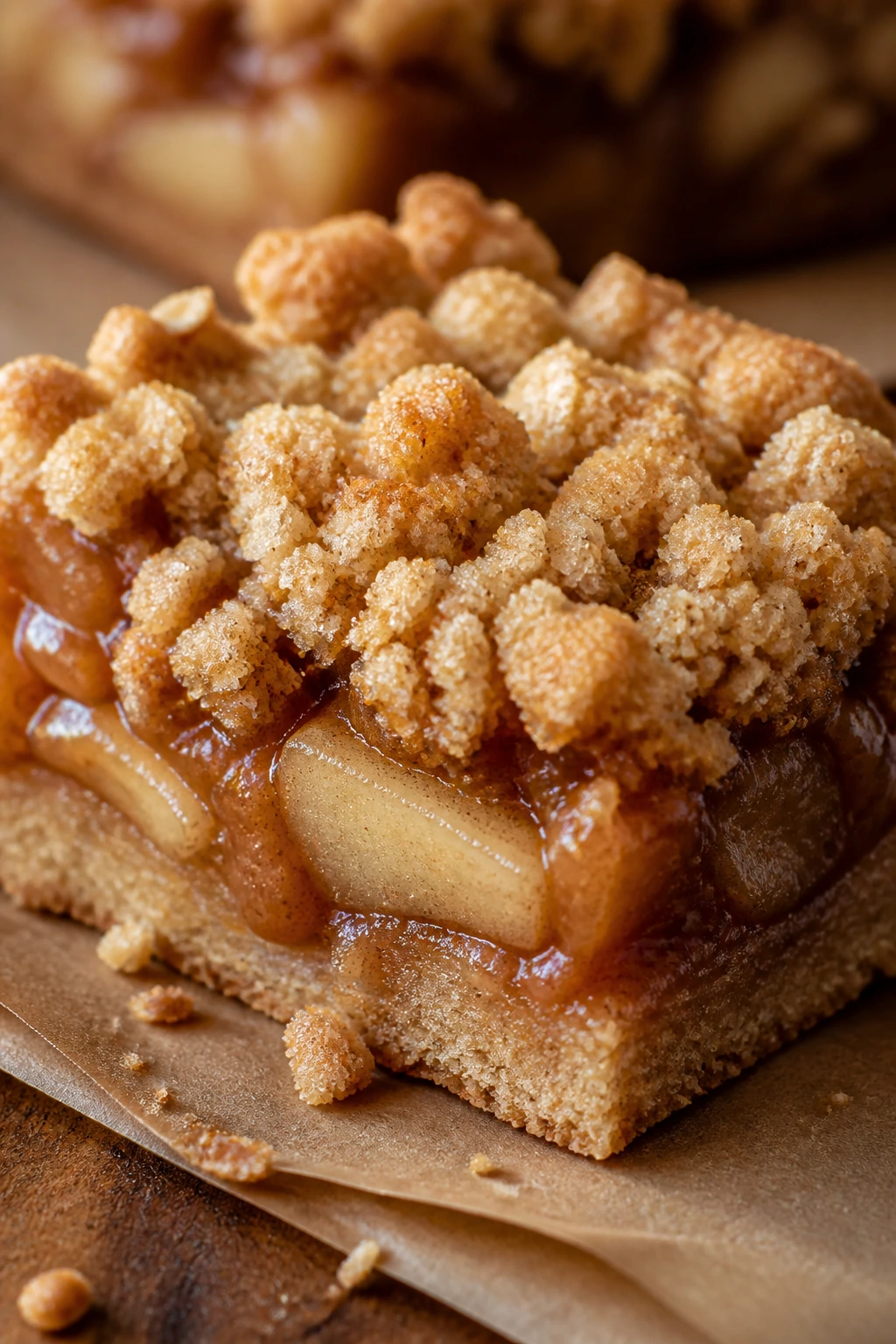 Close-up of an apple pie crumble bar with crumble topping