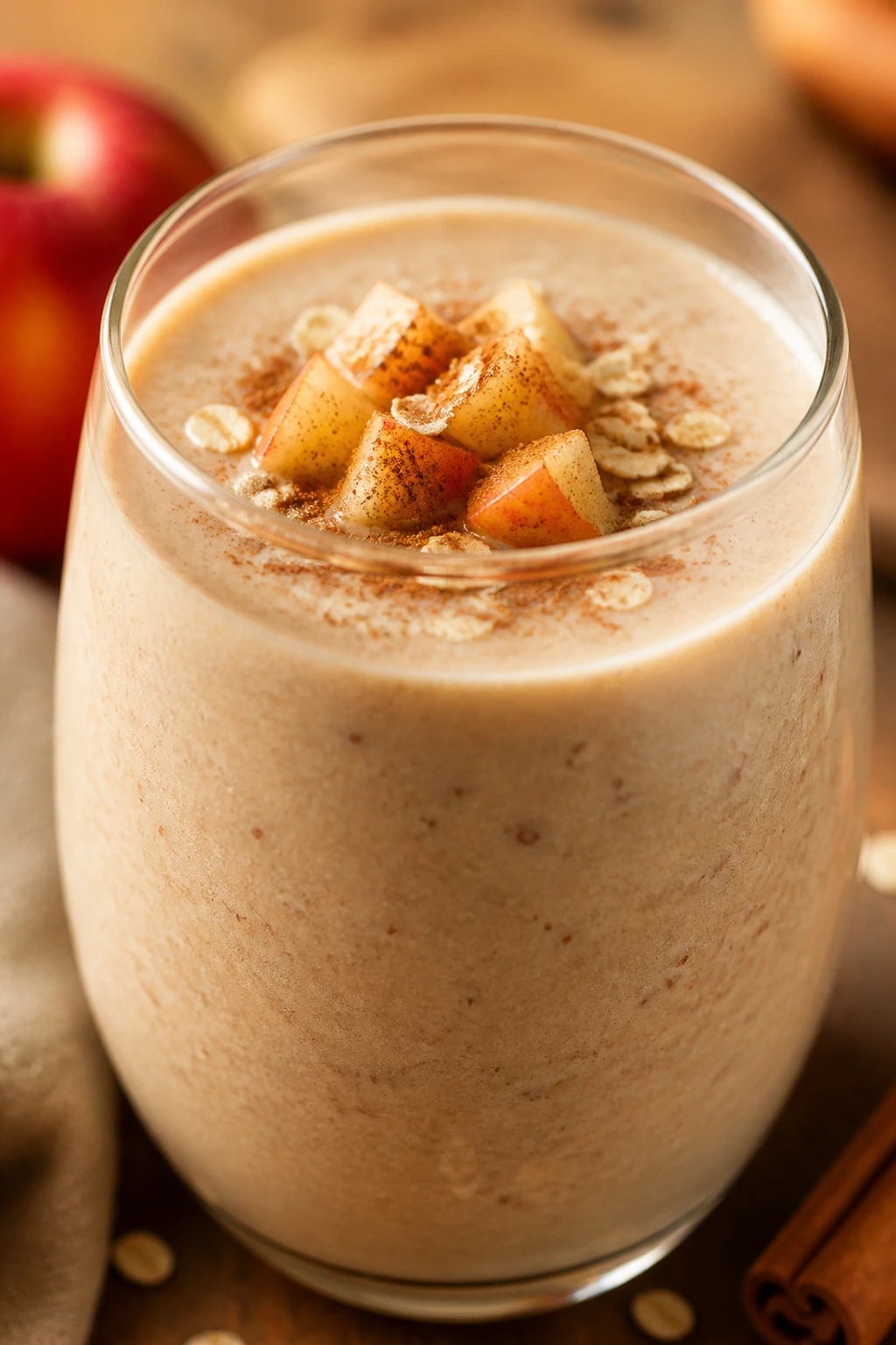 Close-up of apple pie oat smoothie in a glass on a cozy kitchen counter