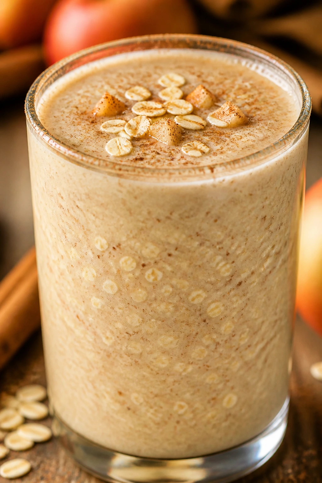 Apple pie oat smoothie in a glass on a warm kitchen counter