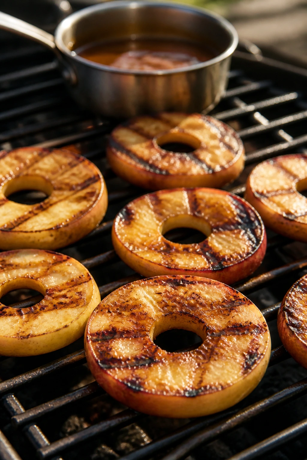 Close-up of grilled apple rings with caramel dip on a grill