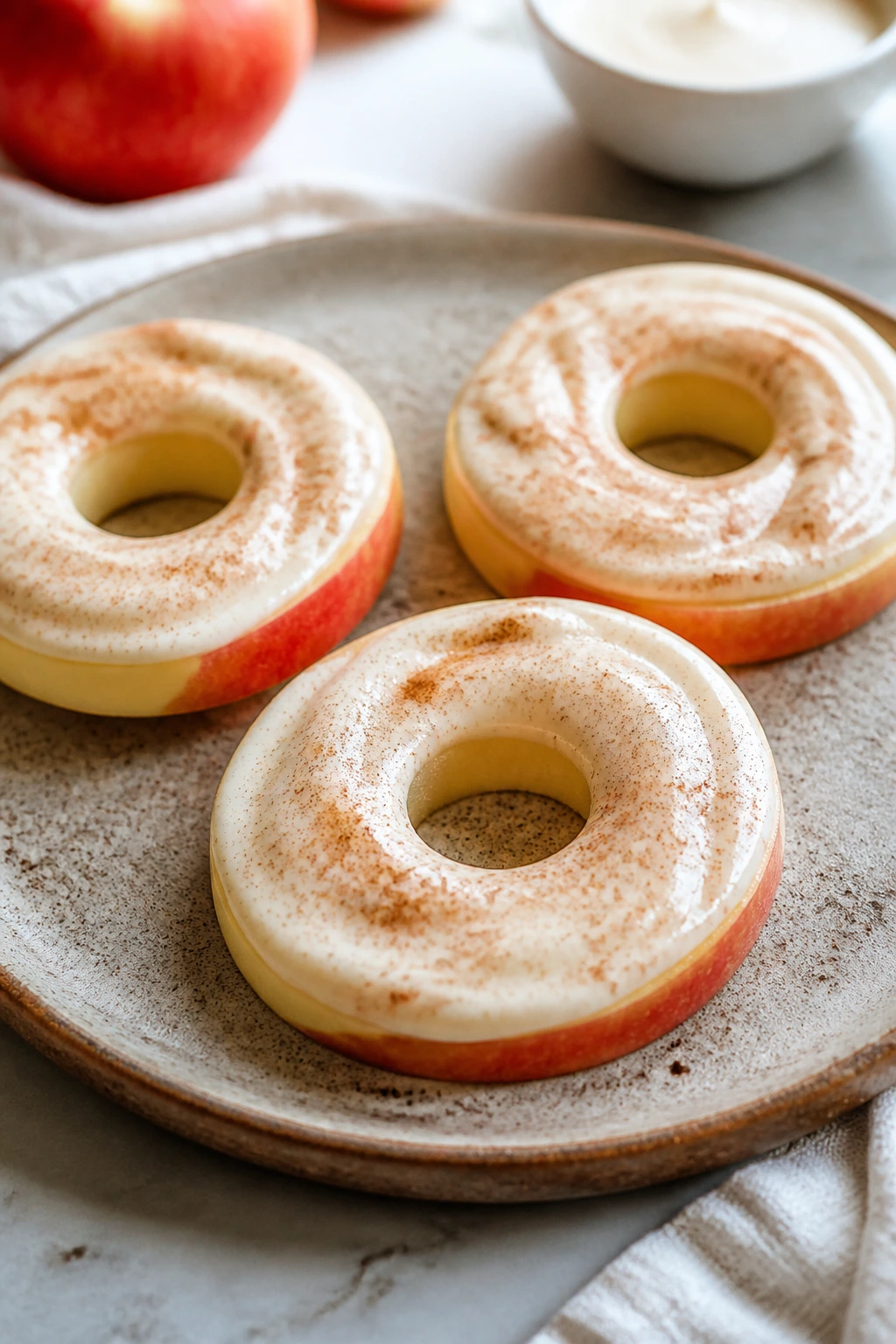 Apple rings with cinnamon yogurt on a rustic plate