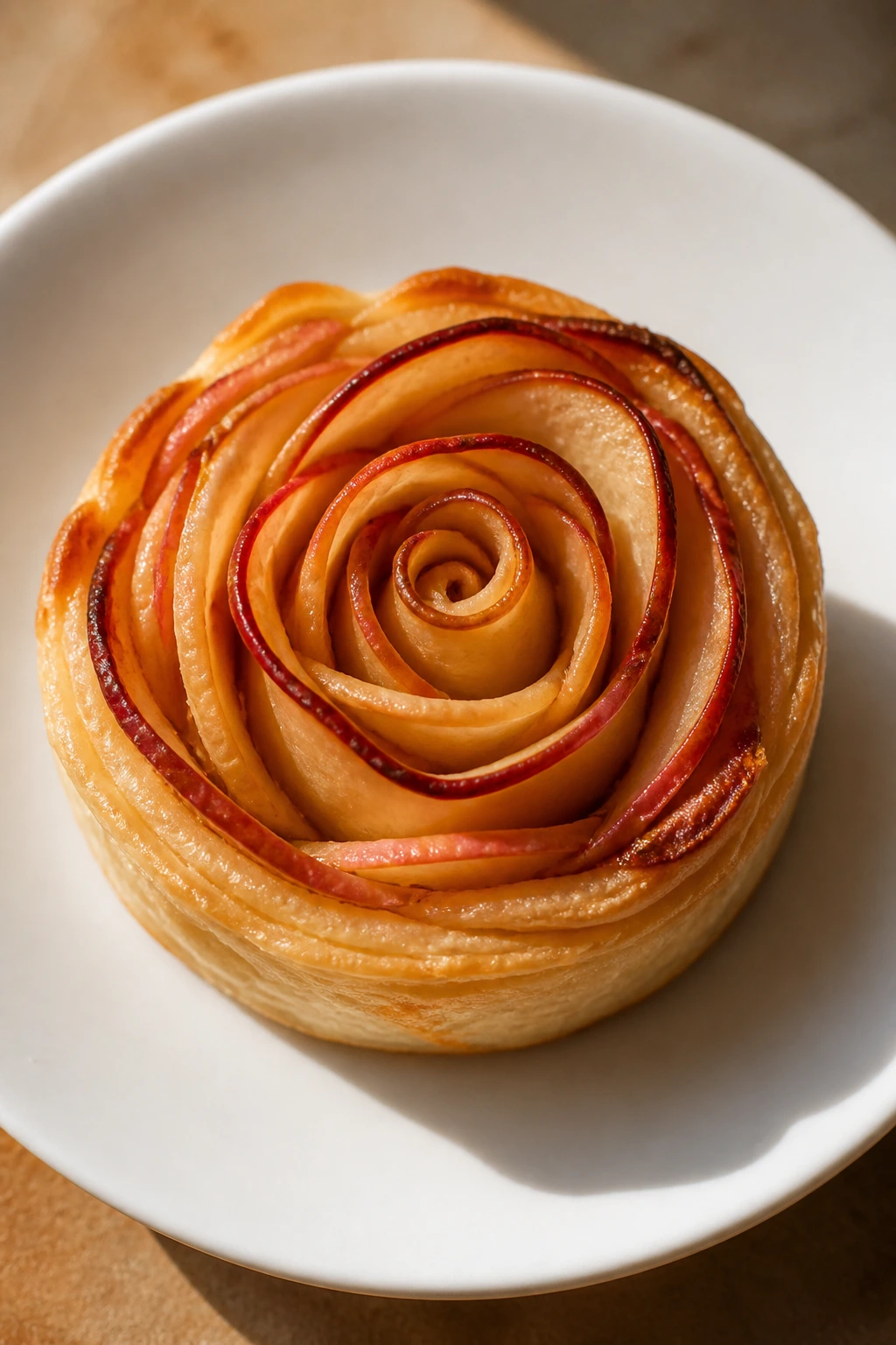 Apple rose pastry with curled apple petals on a plate