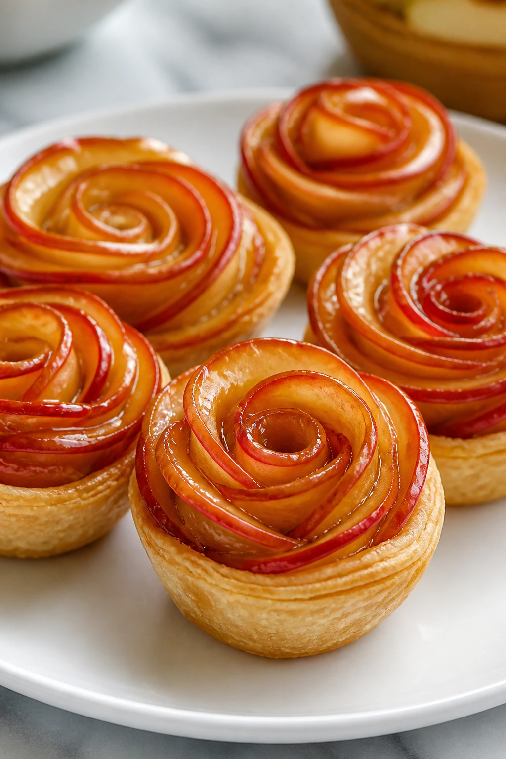 Close-up of apple rose tartlets with apricot glaze on plate