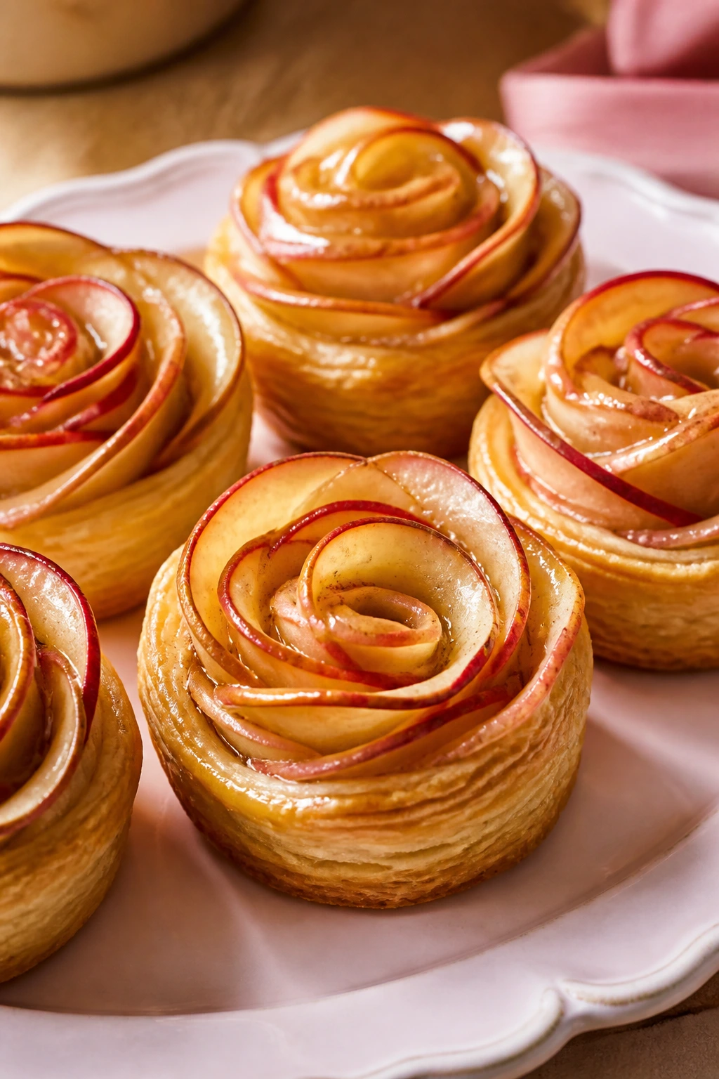 Apple rose puff pastry tartlets with rose-like apple slices