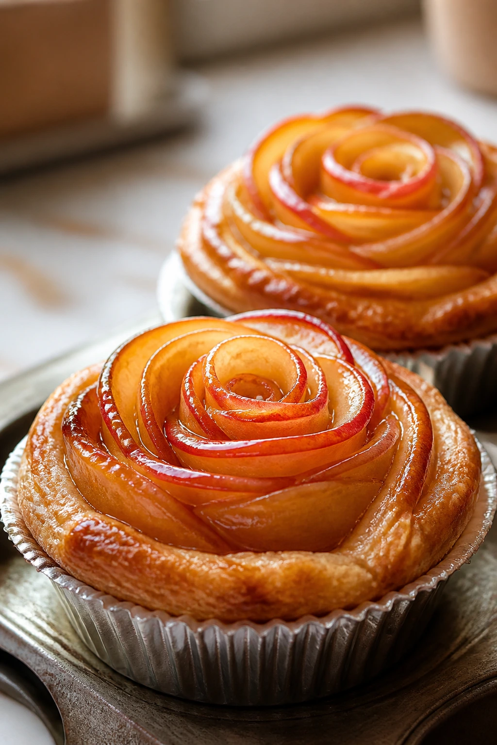 Apple rose pastries in muffin cups with apricot glaze
