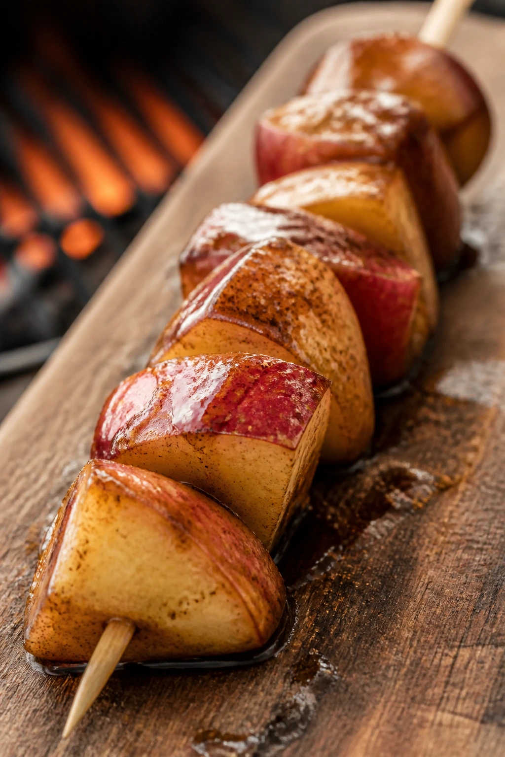 Close-up of glossy grilled apple skewers with butter and cinnamon glaze on a wooden board