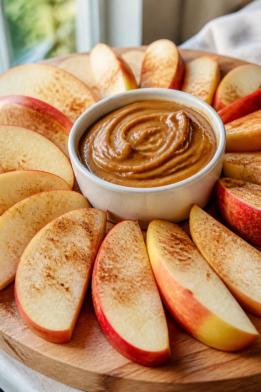 Apple slices with cookie butter dip in a small bowl