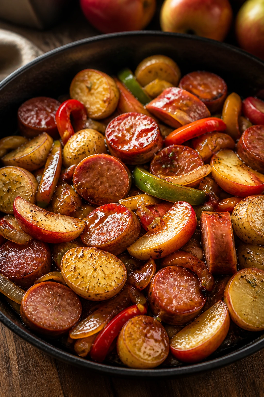 Close-up of variations dish with kielbasa apples peppers and potatoes in glaze