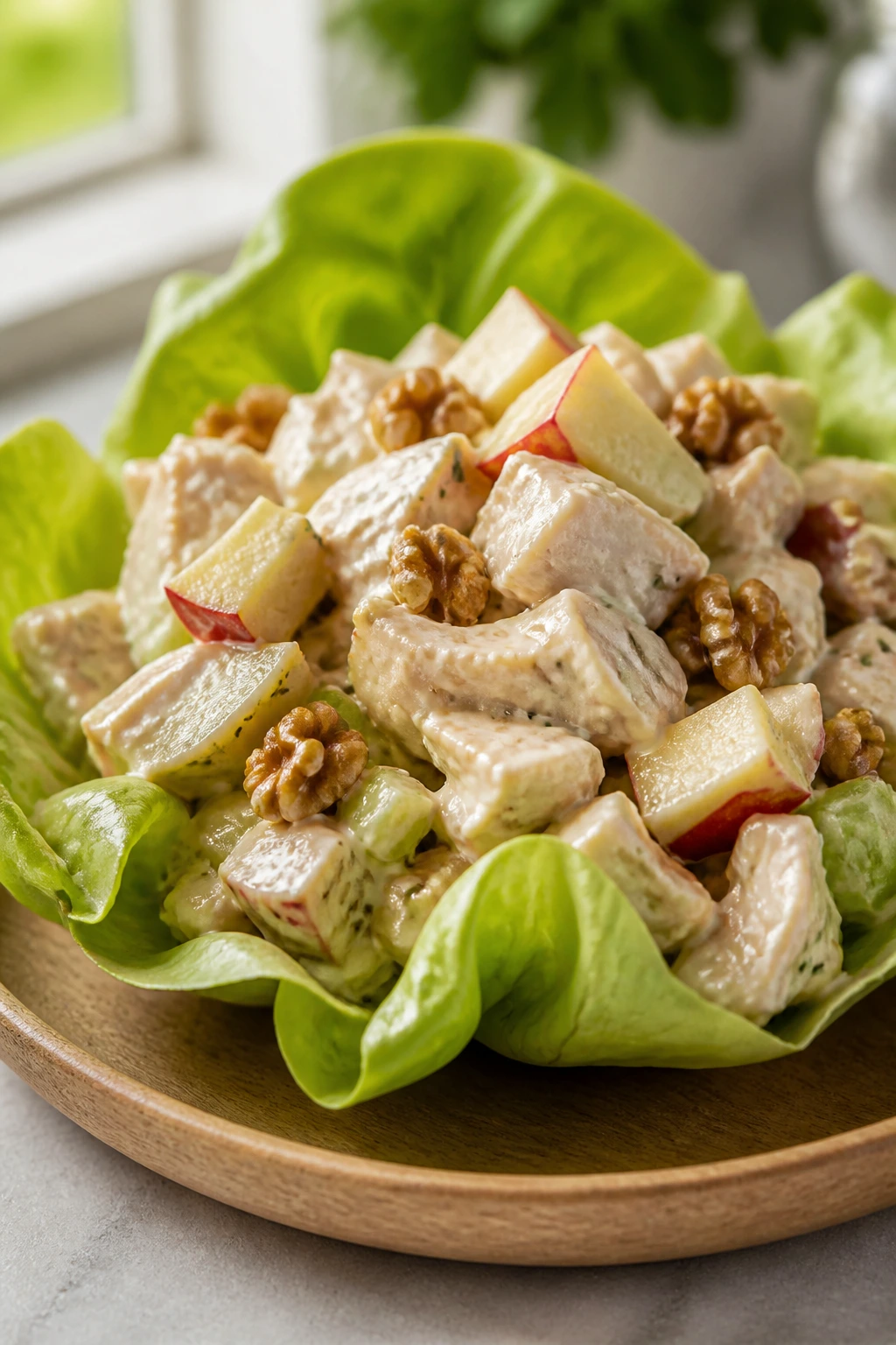 Lettuce cup filled with apple walnut chicken salad
