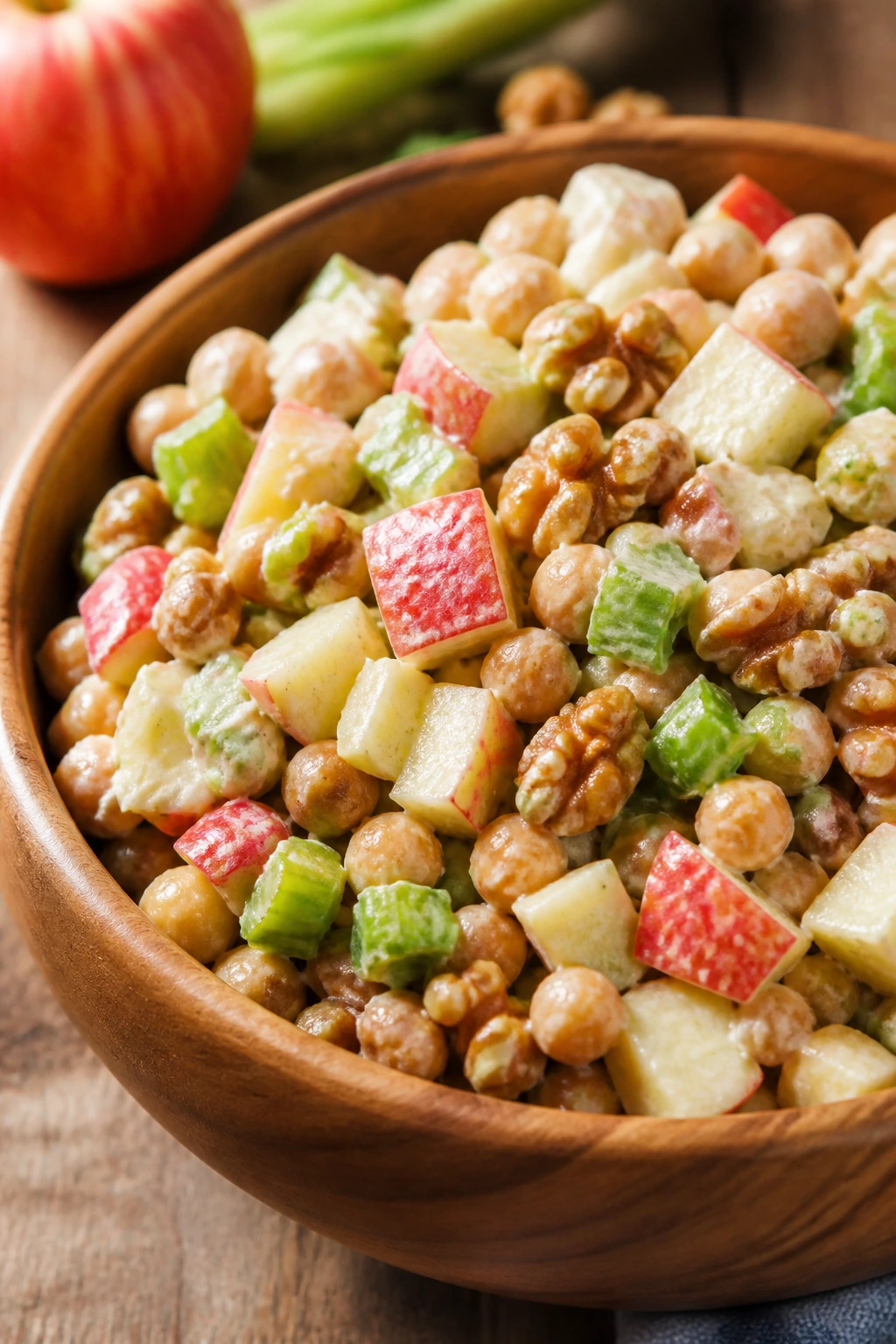Close-up of Apple Walnut Chickpea Salad in a bowl on wood showing apples, chickpeas, walnuts, and celery