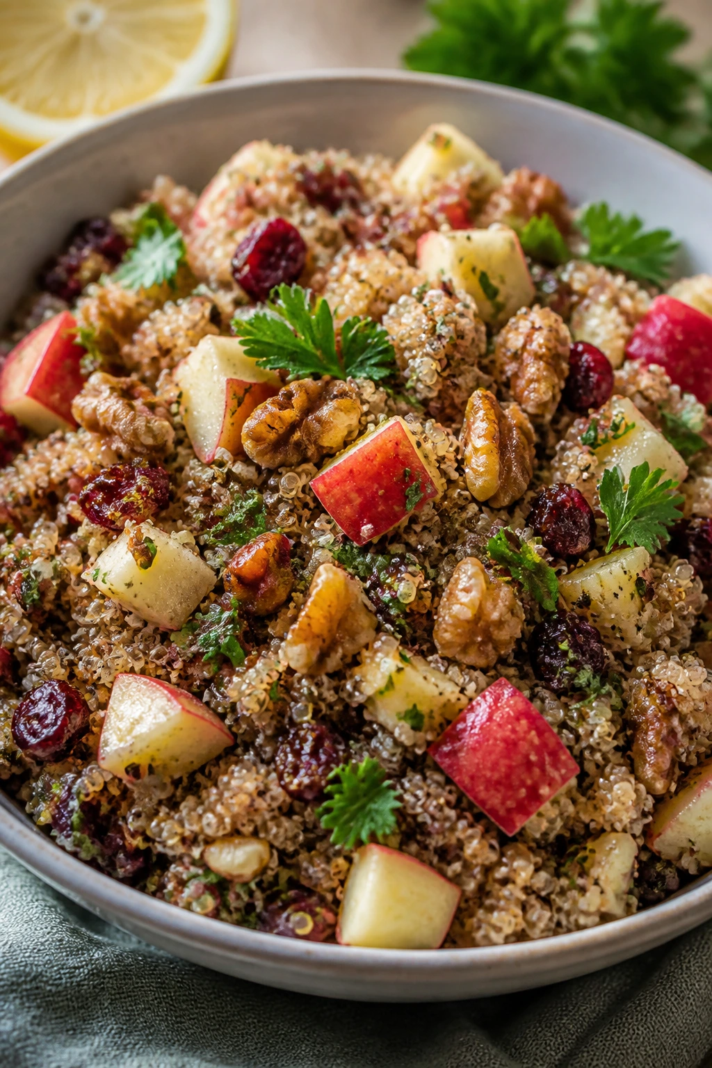 Apple and walnut variation of quinoa cranberry salad in a bowl