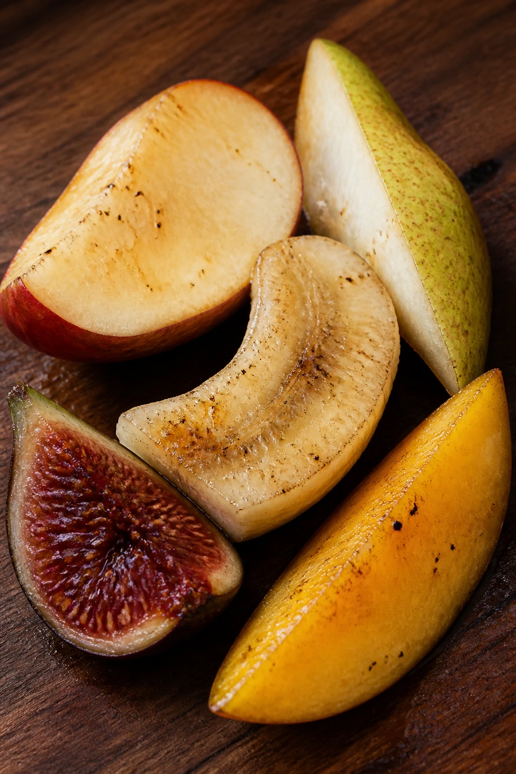 Close-up cluster of apples, pears, bananas, figs, and mangoes on a wooden board