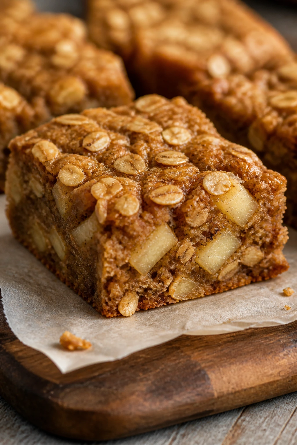 Close-up of applesauce oat apple bar showing oats and apple pieces