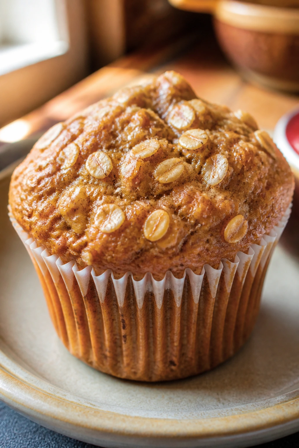 Moist applesauce oat muffin in liner on plate