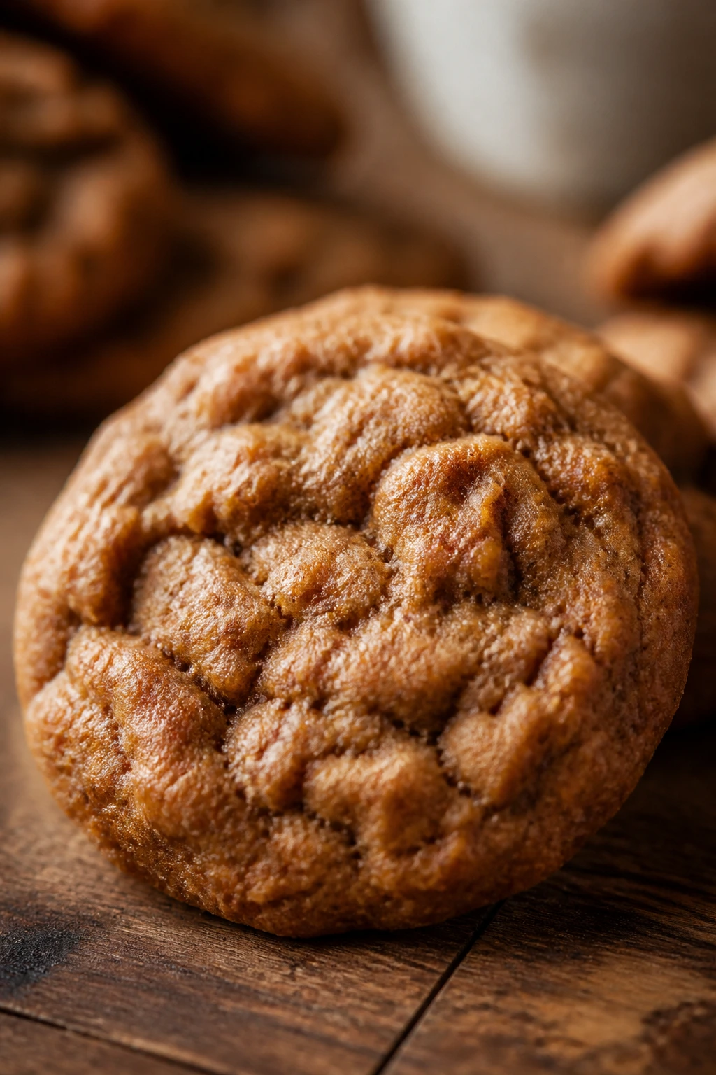 Close-up of a moist applesauce spice cookie on a rustic surface with warm kitchen light