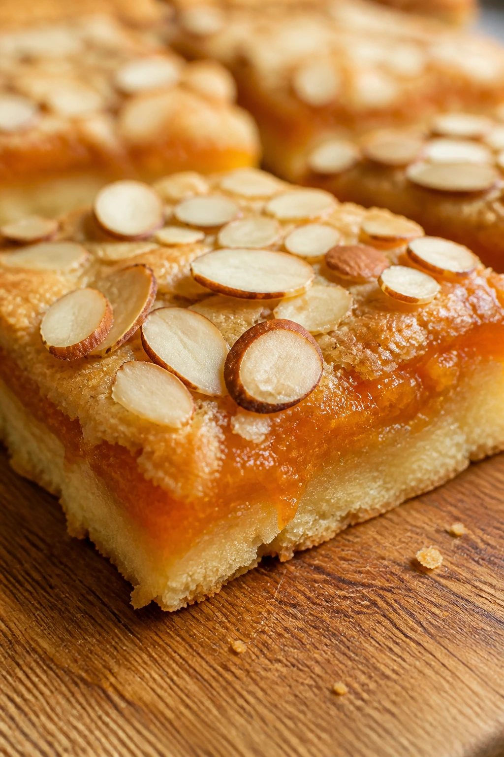 Close-up of apricot almond bar on wooden board