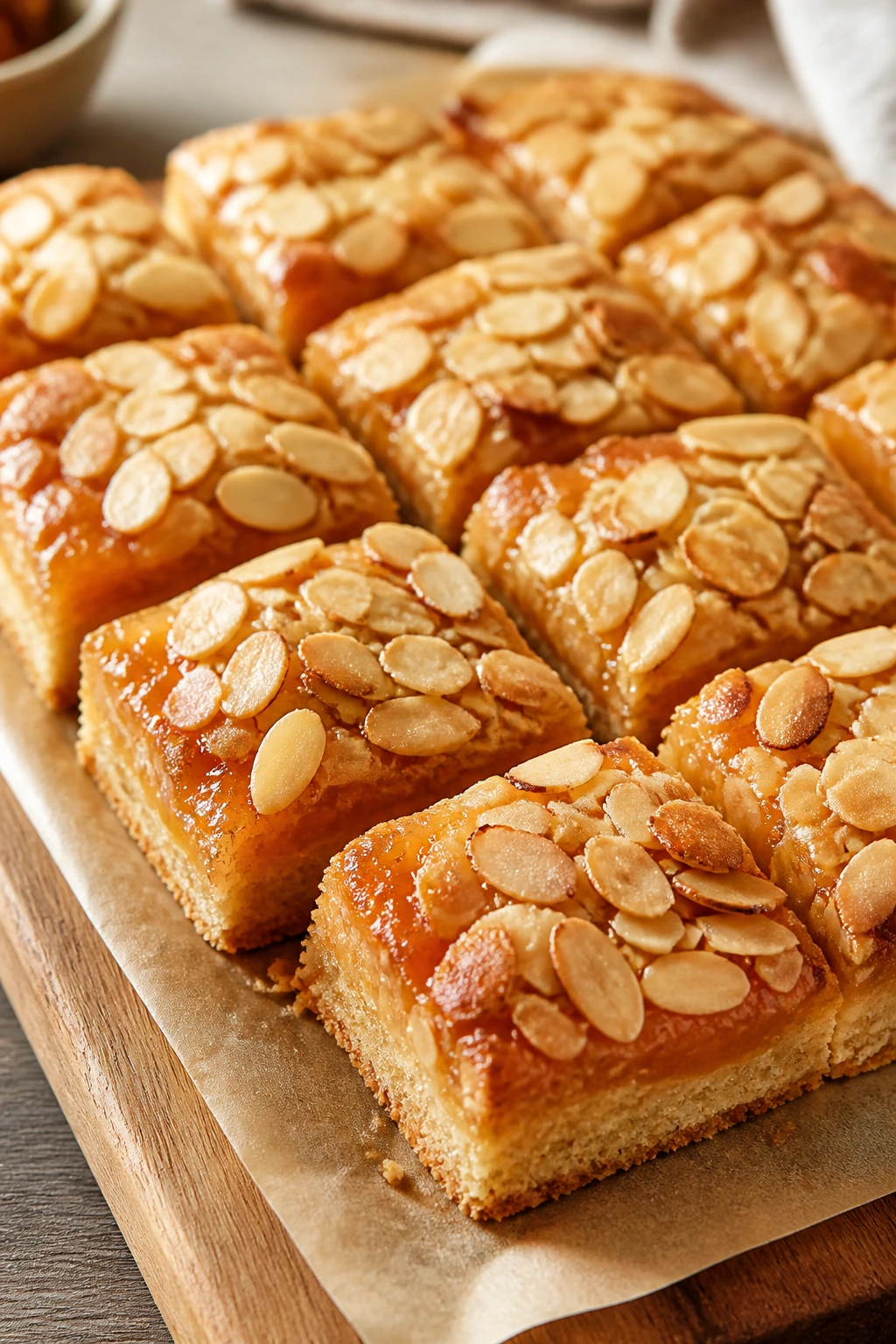 Close-up of apricot almond bars on wooden board