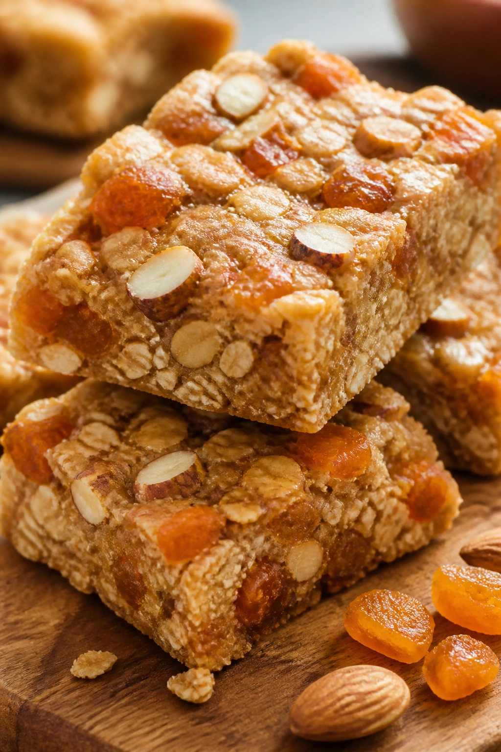 Chewy apricot almond protein oat bars on a cutting board