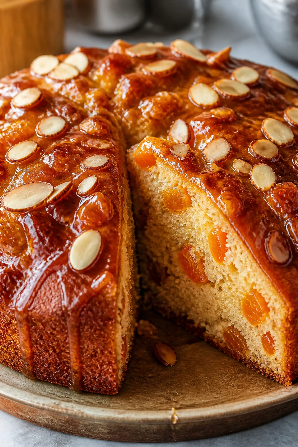 Round apricot almond tea cake with brown sugar glaze