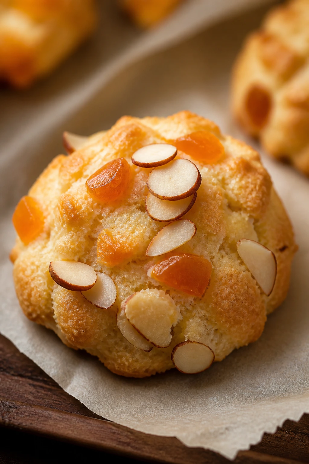 Close-up of apricot almond drop cookie on parchment