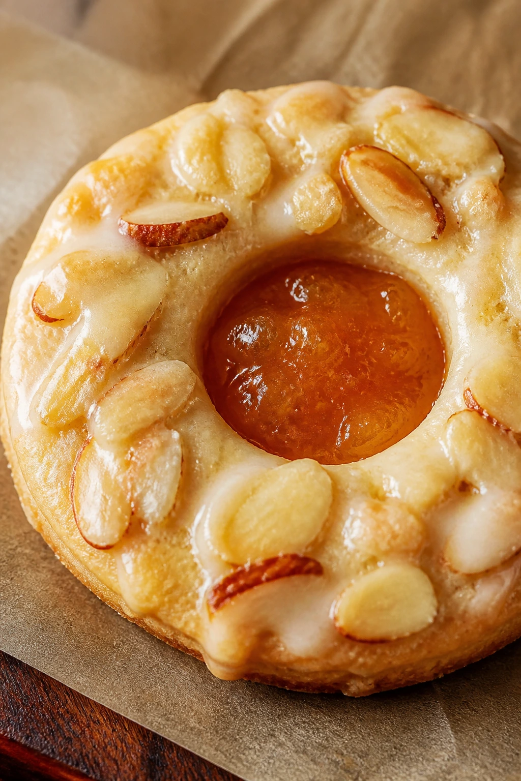 Close-up of an apricot almond ring cookie with jam center on a wooden board