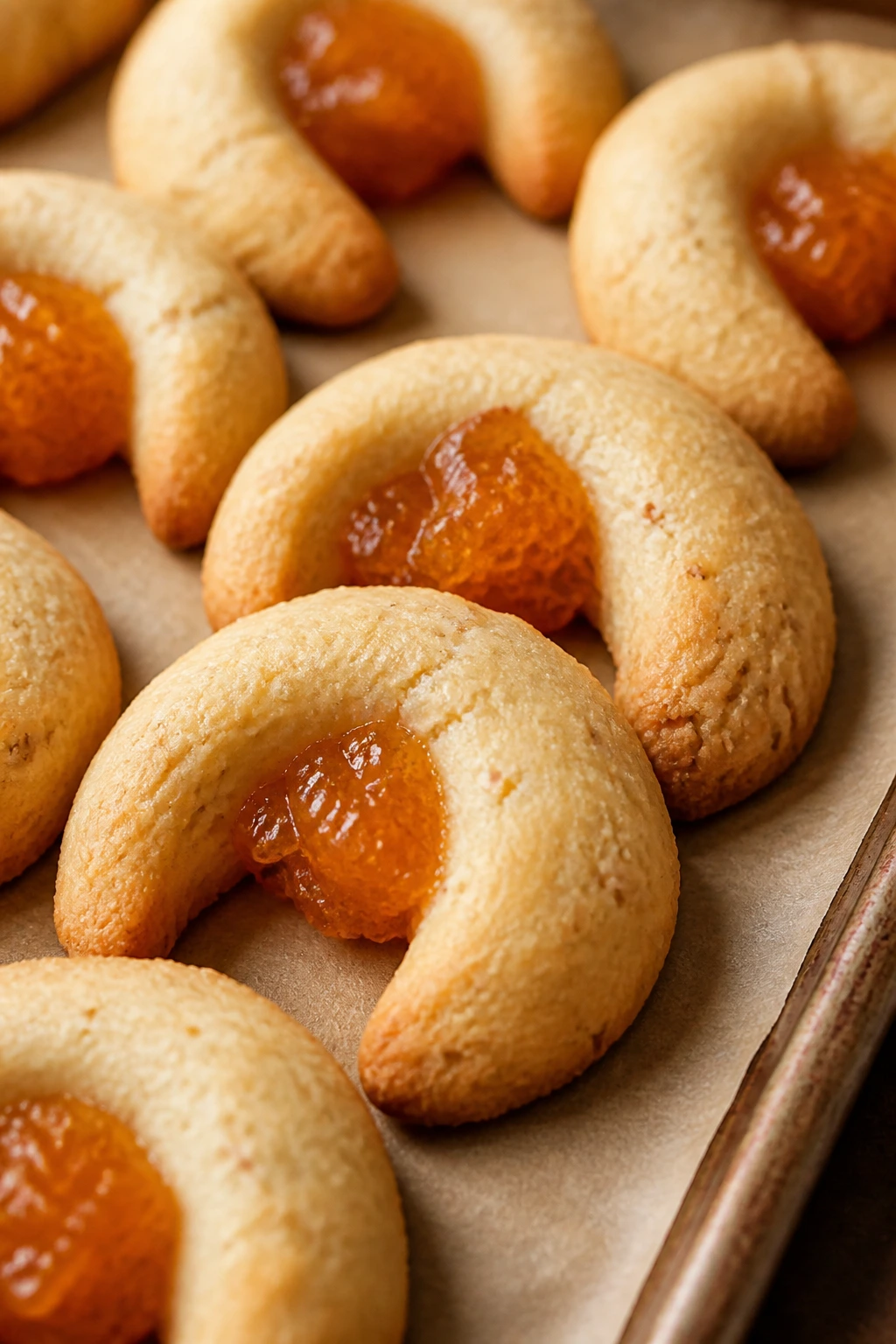 Close-up of apricot almond crescent cookies on parchment