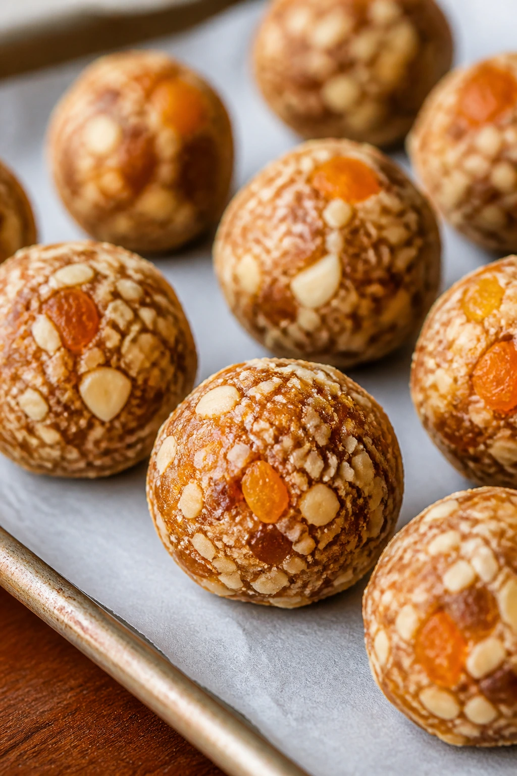 Energy balls with apricot and almond pieces on parchment-lined tray