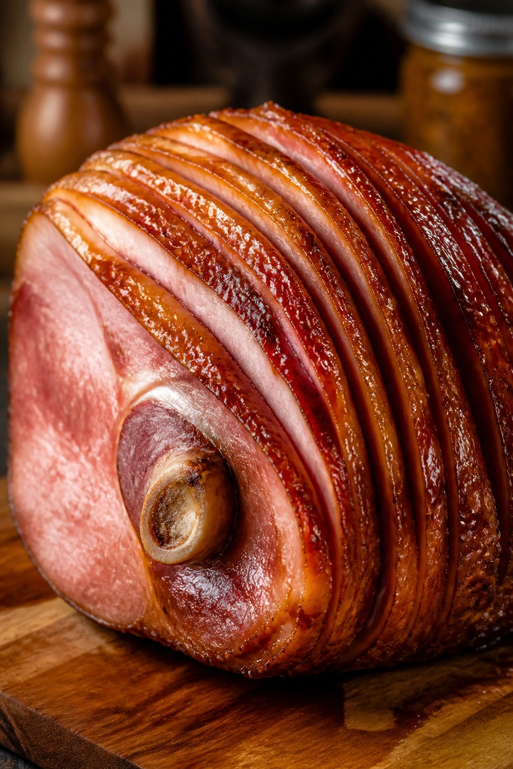 Close-up of apricot bourbon glazed ham on a wooden cutting board