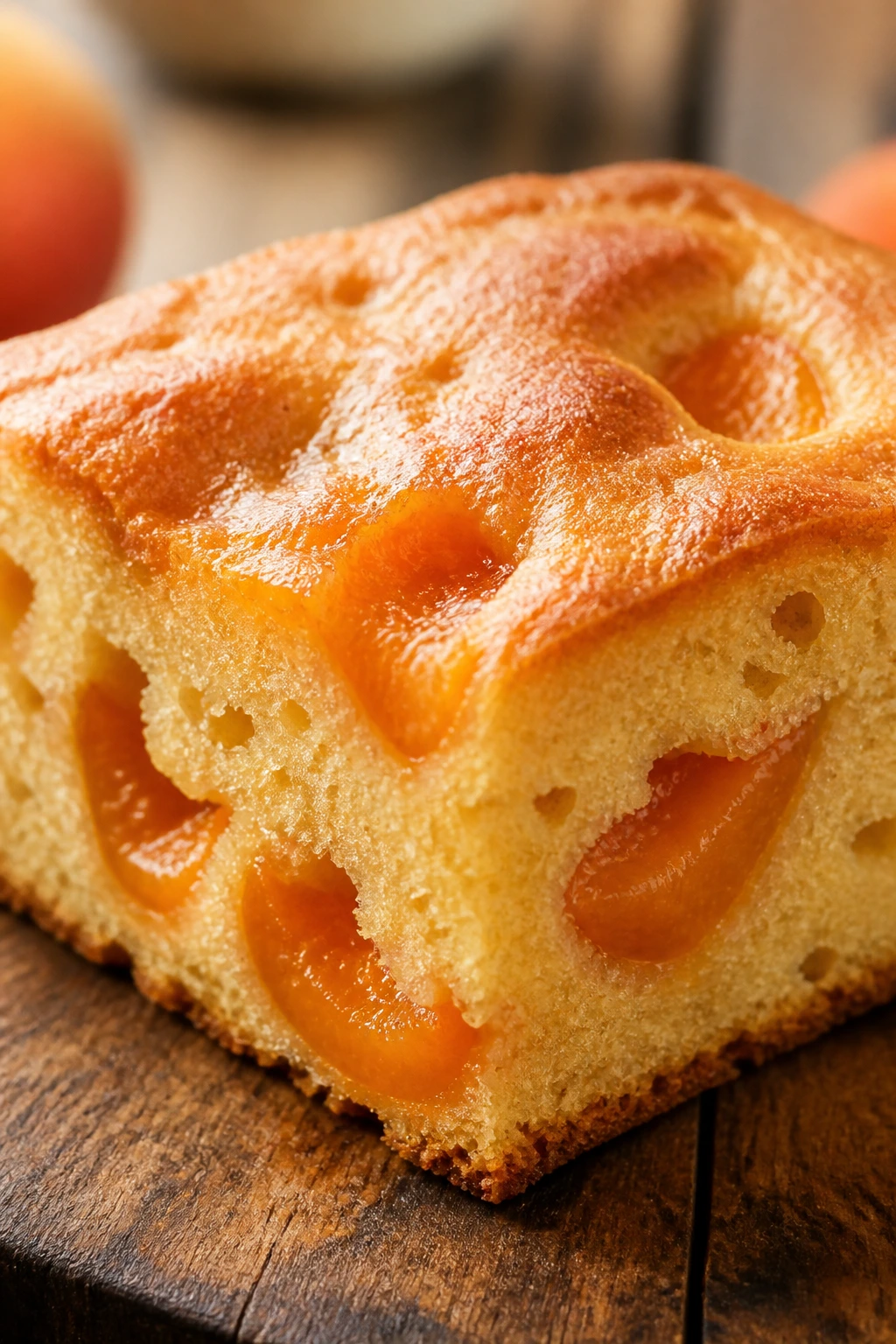 Close-up of a golden apricot snack cake square with jammy apricot bits on a wooden board