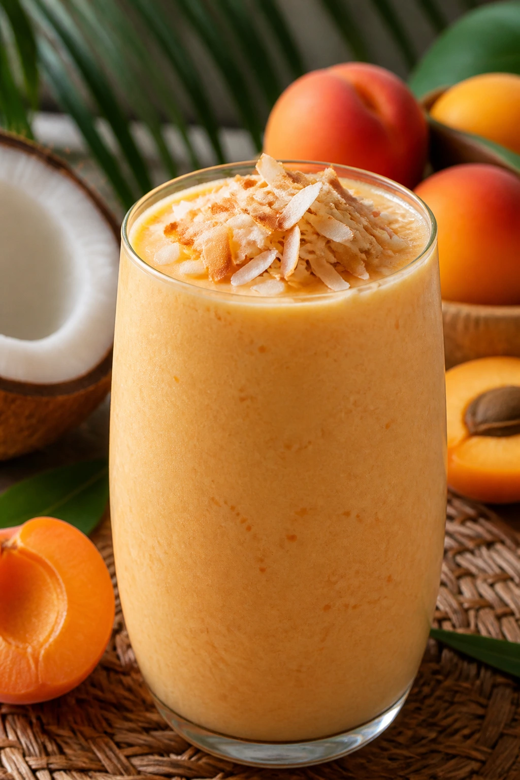 Apricot Coconut Smoothie with toasted coconut topping in a glass