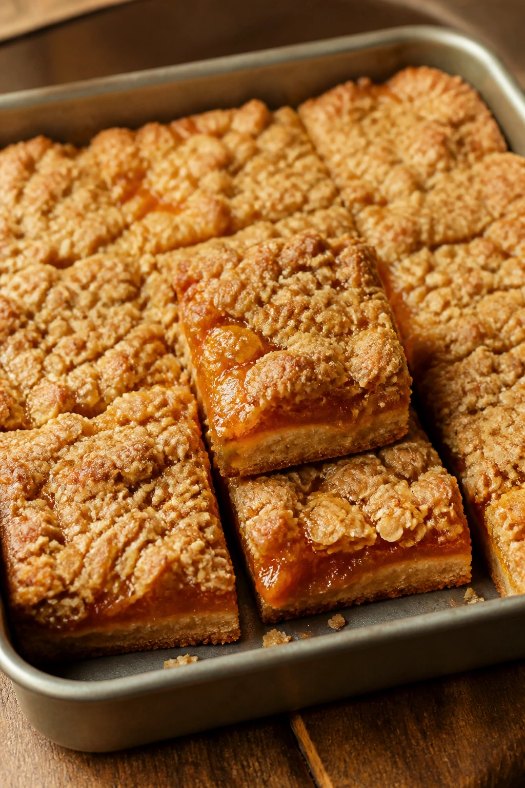 Apricot crumble bars with oat crumb and apricot filling on wooden surface