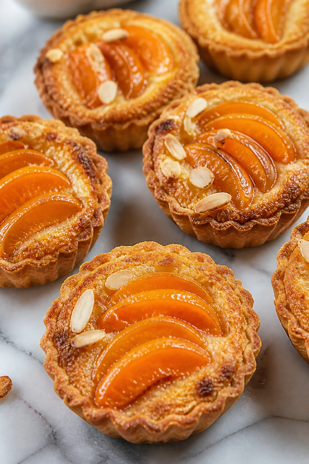 Close-up of apricot frangipane tartlets with almond filling and apricot topping