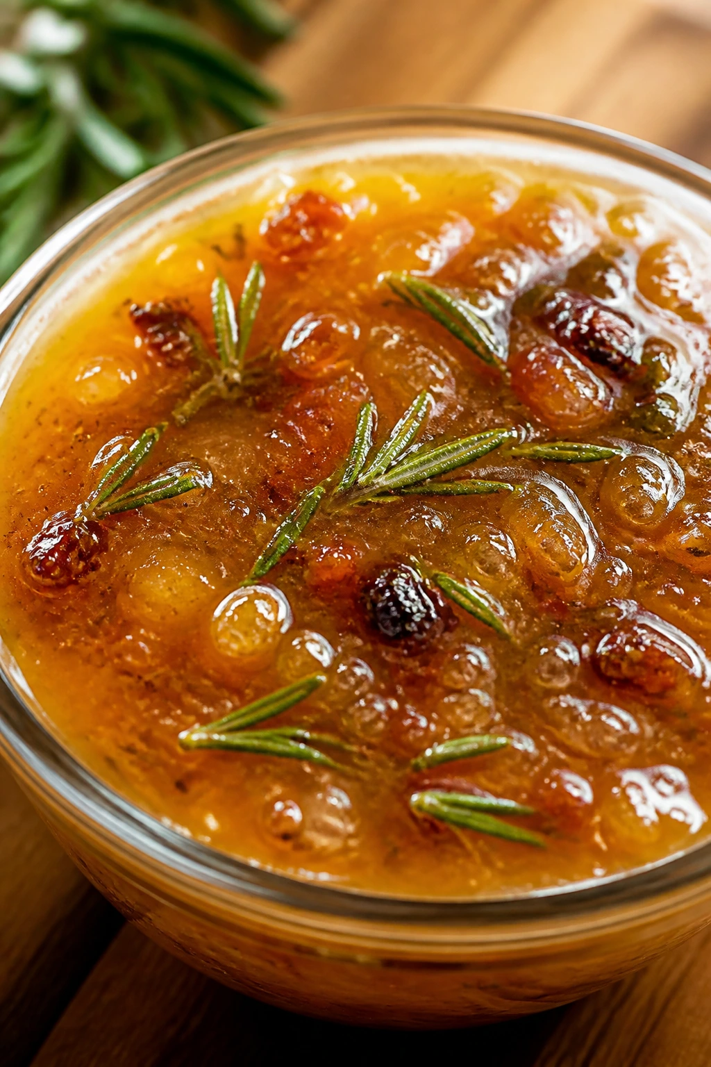 Glossy apricot rosemary glaze in a small glass bowl