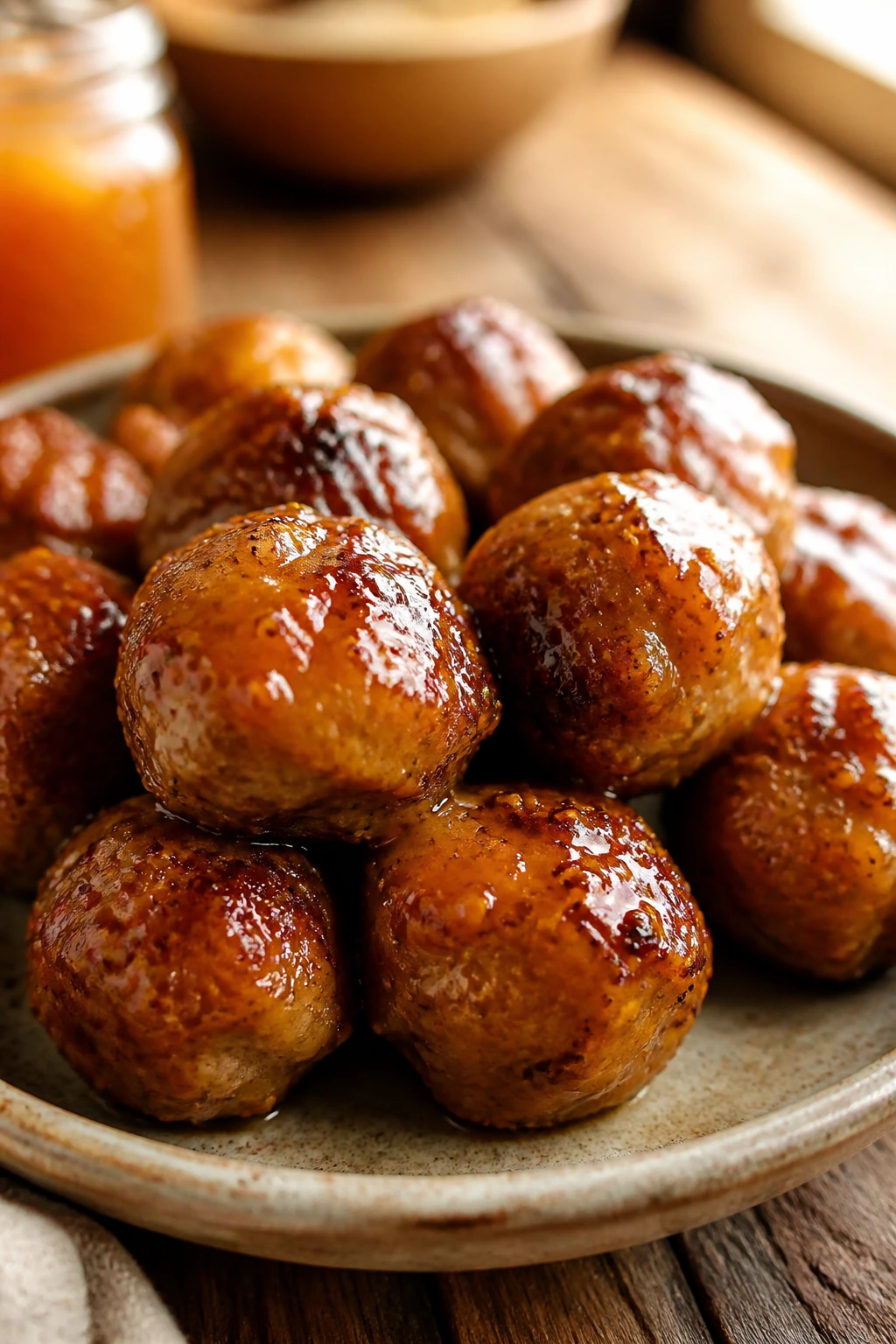 Close-up of glossy apricot-mustard glazed meatballs on a rustic plate.