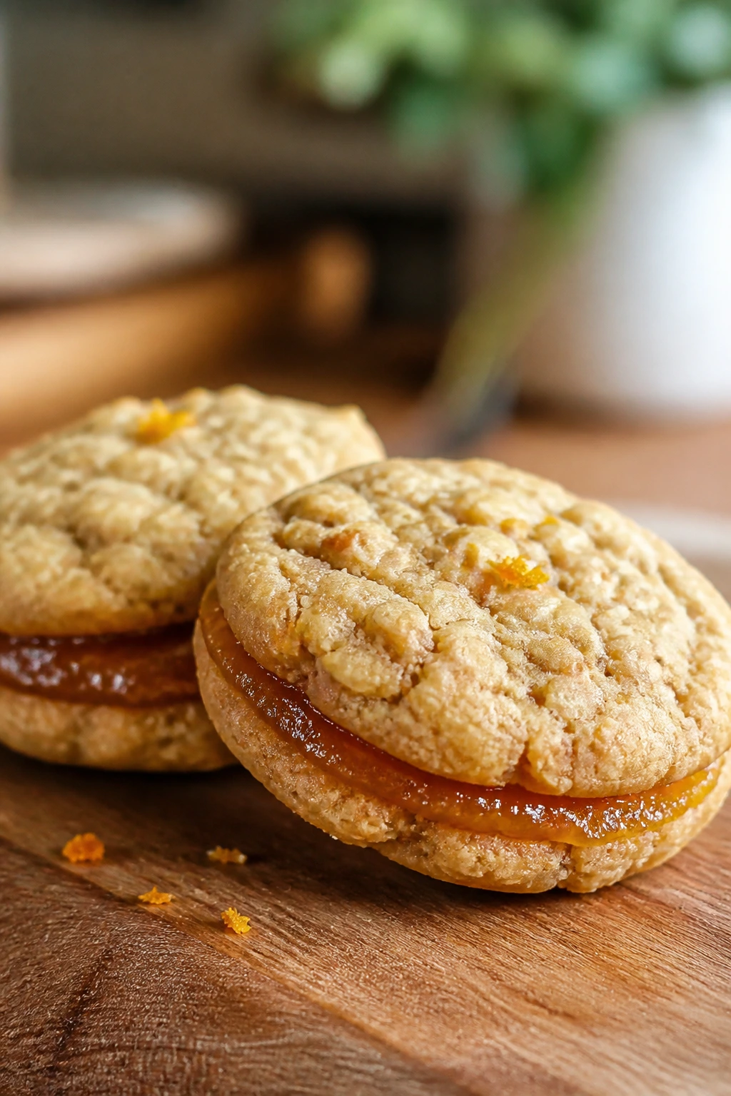 Apricot oatmeal sandwich cookies with jam filling on wooden board