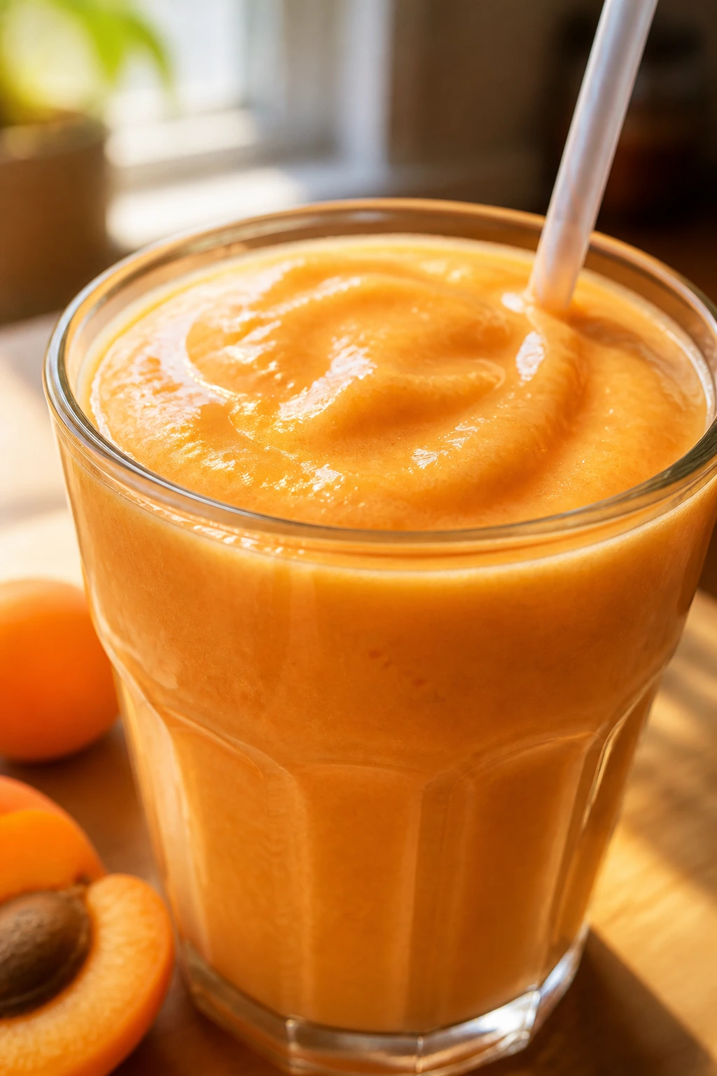 Close-up of an apricot-orange creamsicle smoothie in a glass