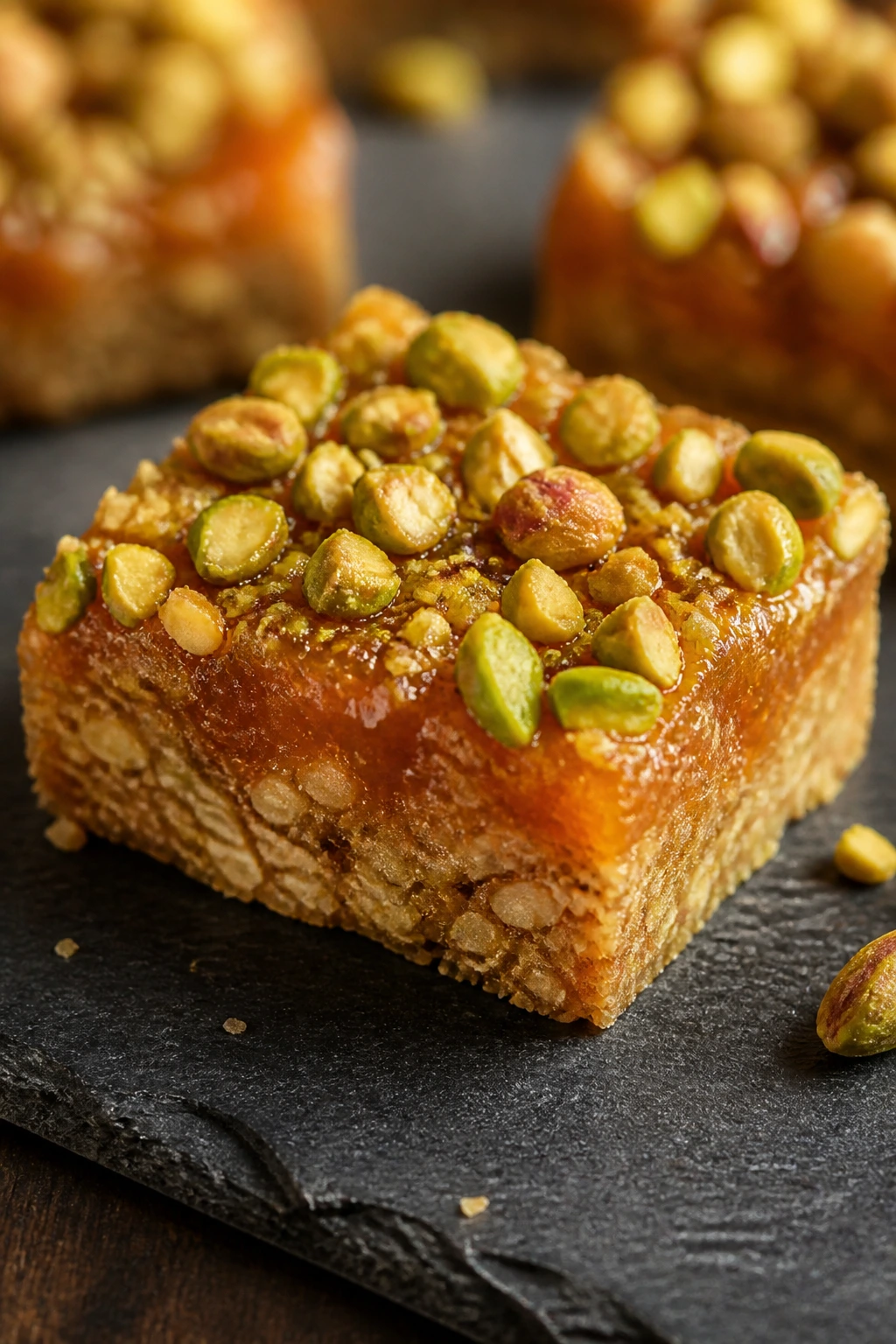 Close-up apricot pistachio oat bar with jam center and pistachio pieces